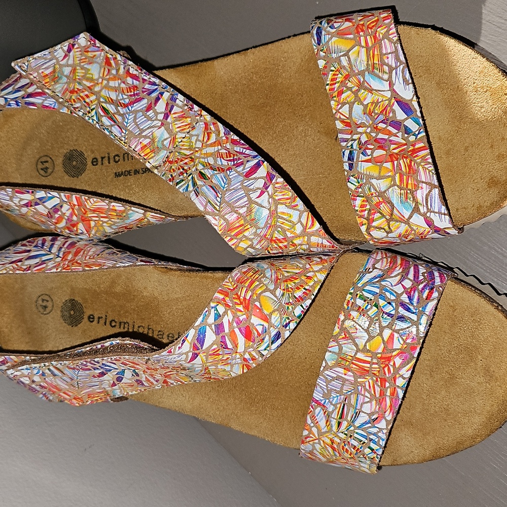 ERIC MICHAEL JOLLY WOMEN'S PRINT LEATHER STRAP WEDGE SANDALS sz 41 / 10-10.5